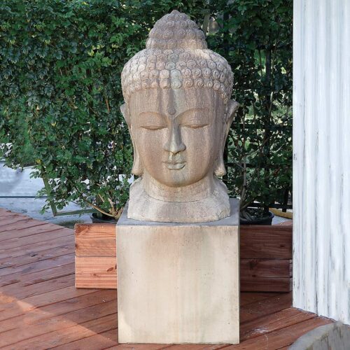 Buddha Head Statue (shown On A Pedestal) Material: Gfrc Finish: Sierra buddha head statue garden statuary garden decor statues