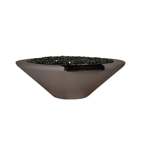 Geo Round Fire And Water Bowl (material: Gfrc) water/fire feature that is plumbed with a lip so water can be pumped from underneath and spill into a basin. the fire feature runs on liquid propane or natural gas.