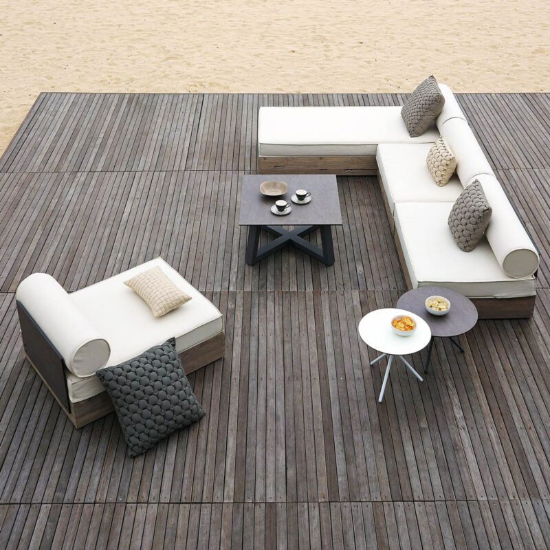 Aiko Deep Module Armless With Aiko Comfort Module And Square Bono Side Low Table Drift Look Teak (original), High Pressure Laminate (white), Stainless Steel Caster Wheels And Connectors, Sunbrella Cushions (white)