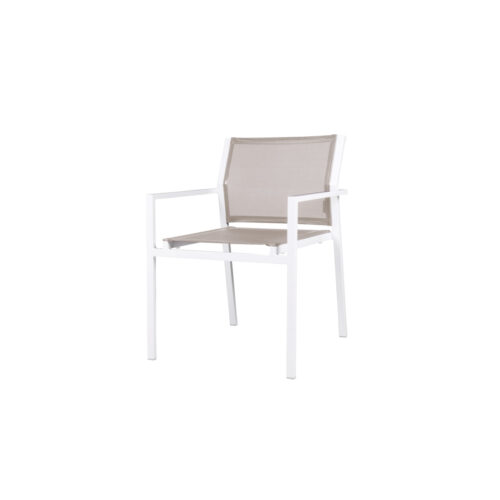 Allux Stackable Dining Armchair Powder Coated Aluminum (white), Batyline Mesh Sling Seat/back (light Taupe)