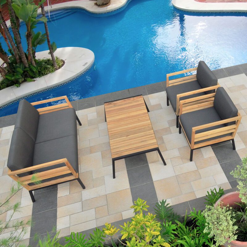 Zudu Lounge Sofa 1 & 2 Seater Reclaimed Teak, Black Powder Coated Aluminum, Sunbrella Canvas